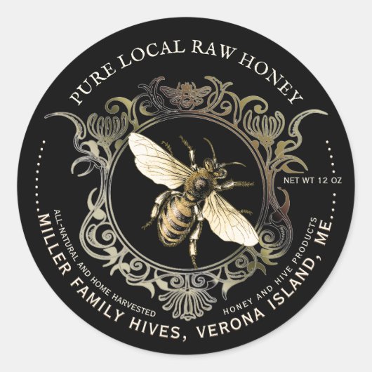 Queen Bee Gold Verziert Frame Honey Label Black Runder Aufkleber (Vorderseite)