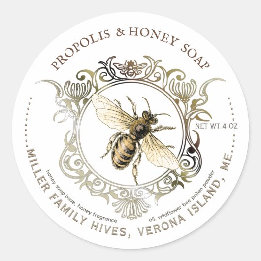 Queen Bee Gold Verziert Frame HONEY SOAP Label Runder Aufkleber (Vorderseite)