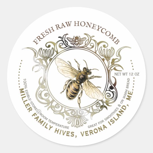 Queen Bee Gold Verzierte Rahmen Fresh Raw Honeycom Runder Aufkleber (Vorderseite)