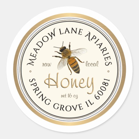 Queen Bee Metallic Gold Border Honey Label Runder Aufkleber (Vorderseite)