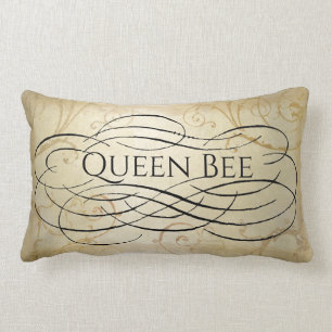 Queen Bee Schwarze Typografie Gold Damast Lendenkissen