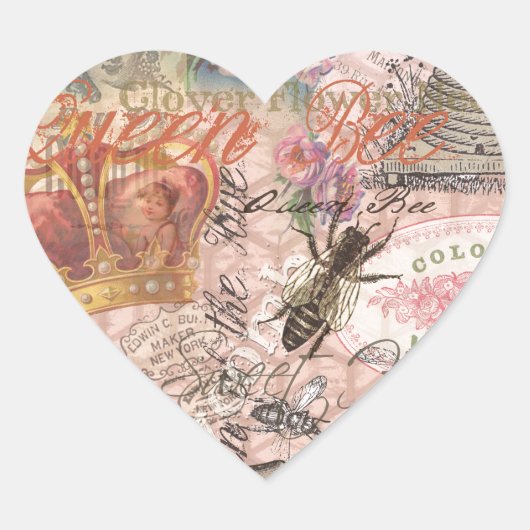 Queen Bee Vintag schöne Collage Herz-Aufkleber (Vorderseite)