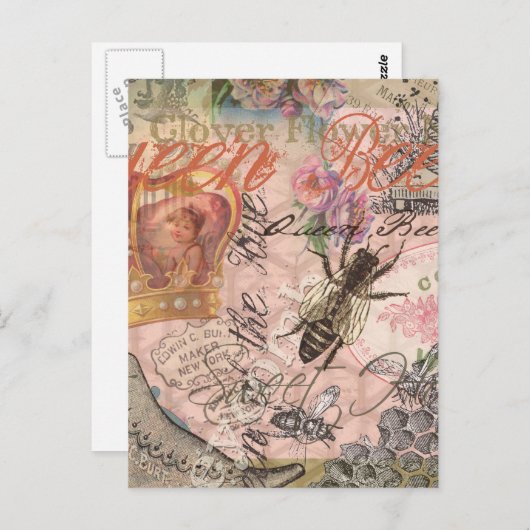 Queen Bee Vintag schöne Collage Postkarte (Vorne/Hinten)