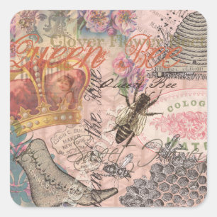 Queen Bee Vintag schöne Collage Quadratischer Aufkleber