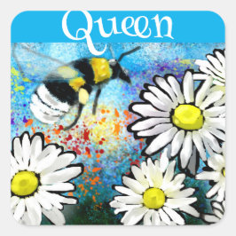 Queen Bee Whimsical Bumblebee in Daisies Painting Quadratischer Aufkleber