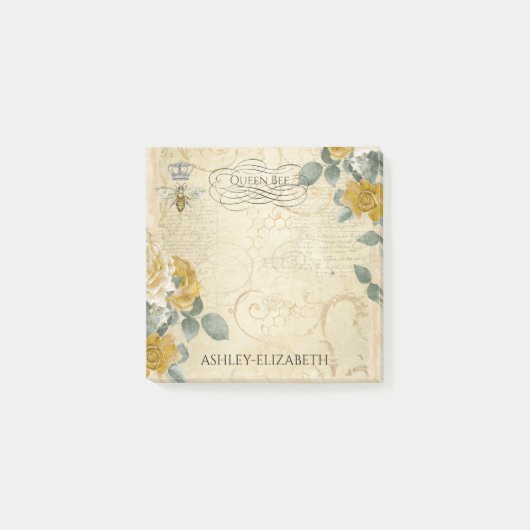 Queen Bee Yellow Gold Rose Floral Monogramm 3x3 Post-it Klebezettel (Vorderseite)