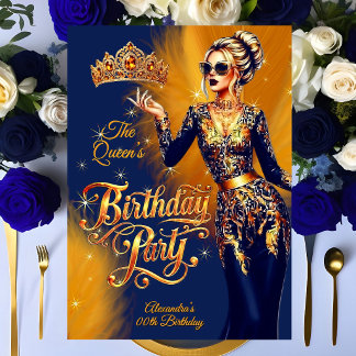 Queen Birthday Gold Orange Navy Blue Dress Party Einladung