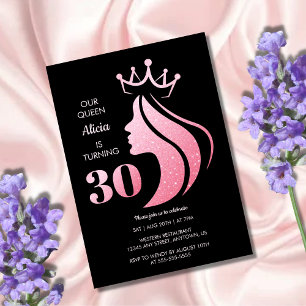 Queen Crown Pink Glitzer Black 30. Geburtstag Einladung