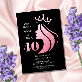 Queen Crown Pink Glitzer Black 40. Geburtstag Einladung