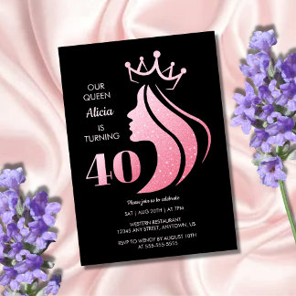 Queen Crown Pink Glitzer Black 40. Geburtstag Einladung