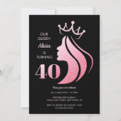 Queen Crown Pink Glitzer Black 40. Geburtstag Einladung (Vorderseite)