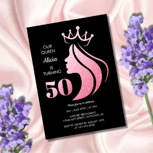 Queen Crown Pink Glitzer Black 50. Geburtstag Einladung
