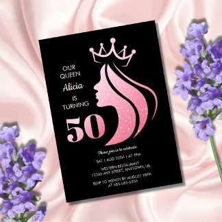 Queen Crown Pink Glitzer Black 50. Geburtstag Einladung