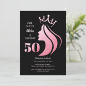 Queen Crown Pink Glitzer Black 50. Geburtstag Einladung (Stehend Vorderseite)