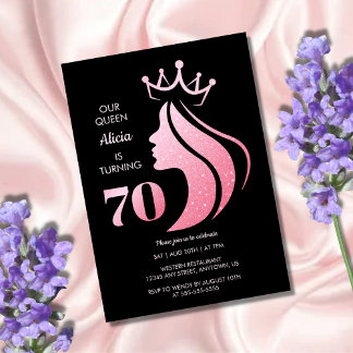 Queen Crown Pink Glitzer Black 70. Geburtstag Einladung