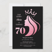 Queen Crown Pink Glitzer Black 70. Geburtstag Einladung (Vorderseite)