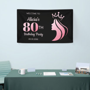 Queen Crown Pink Glitzer Black 80. Geburtstag Banner