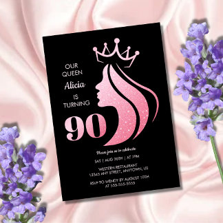 Queen Crown Pink Glitzer Black 90. Geburtstag Einladung