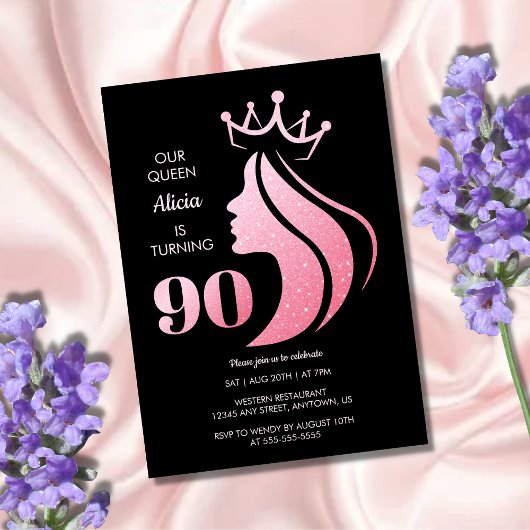 Queen Crown Pink Glitzer Black 90. Geburtstag Einladung