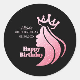 Queen Crown Pink Glitzer Black Happy Geburtstag Runder Aufkleber