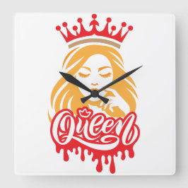 Queen Design – Elegant Royal Crown Typography for Quadratische Wanduhr