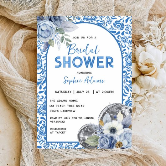 Queen Disco Ball Blue Tile Brautparty Einladung