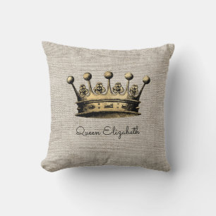 Queen Elizabeth Custom Text Vintag Gold Crown Lum Kissen