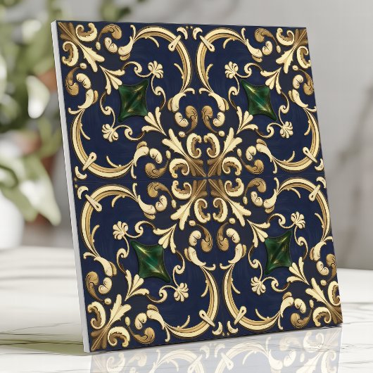Queen Esther Damask Scroll Navy Blue Gold Fliese