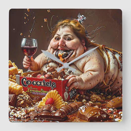 "Queen of Gluttonous Decay" farbenfrohe Portrait Quadratische Wanduhr (Vorderseite)