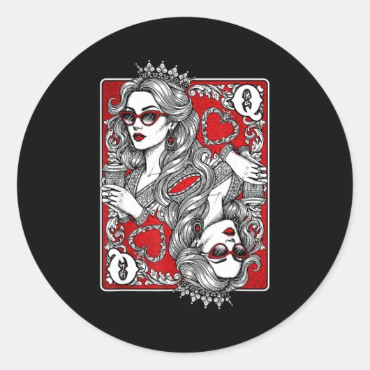 Queen Of Heart Playing Card Coffee Lover Gambling Runder Aufkleber (Vorderseite)
