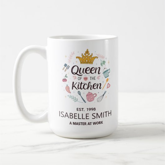 Queen of the Kitchen Custom Name Design Kaffeetasse (Links)