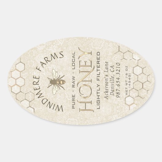 Queenline Honey Label 16/32oz Honeycomb Bee Gold Ovaler Aufkleber (Vorderseite)