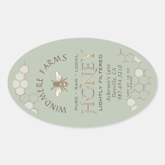 Queenline Honey Label 16/32oz Honeycomb Bee Sage Ovaler Aufkleber (Vorderseite)