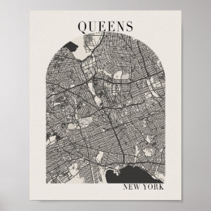 Queens New York Boho Arch Beige Street Map Poster