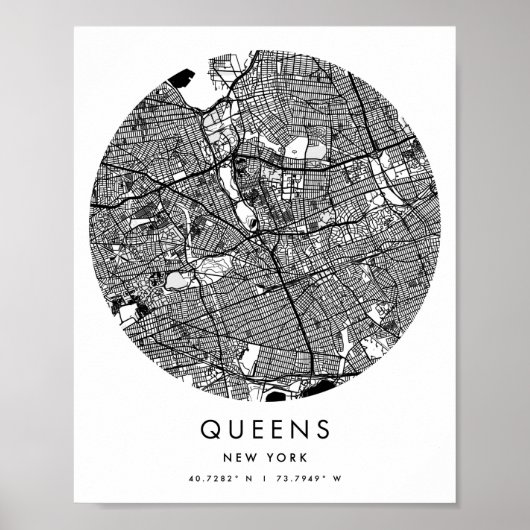 Queens New York Minimal Modern Circle Street Map Poster (Vorne)