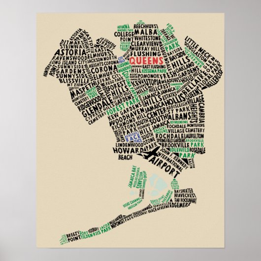 Queens, New York Typografy Map Art Poster (Vorne)