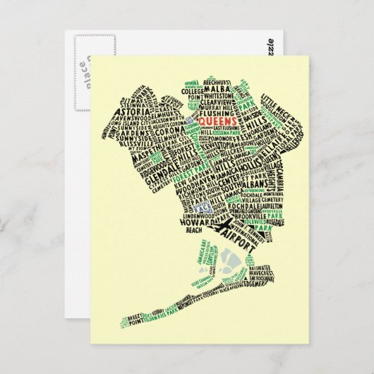 Queens NYC Typography Map Postcard Postkarte (Vorne/Hinten)