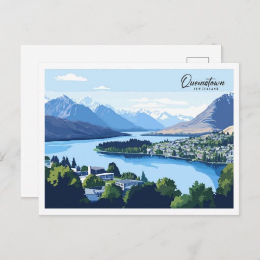 Queenstown New Zealand Illustration Travel Postkarte (Vorne/Hinten)
