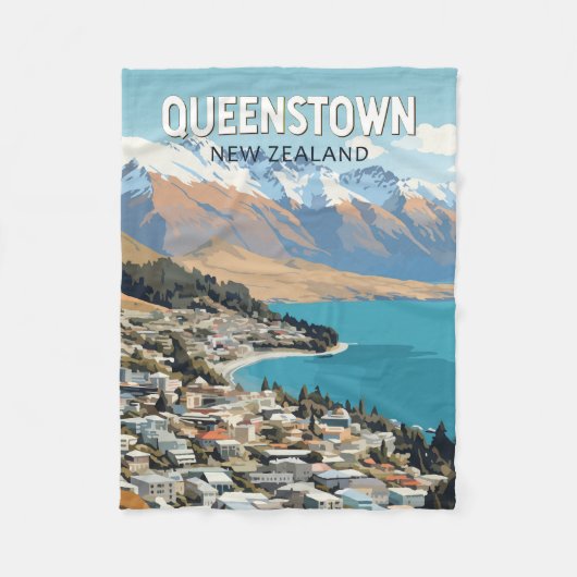 Queenstown New Zealand Travel Art Vintag Fleecedecke (Vorderseite)