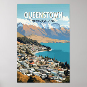 Queenstown New Zealand Travel Art Vintag Poster