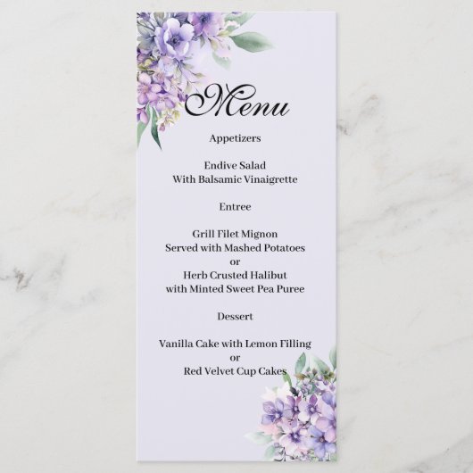Quenceanera Lavender floral Menu Menükarte (Vorderseite)