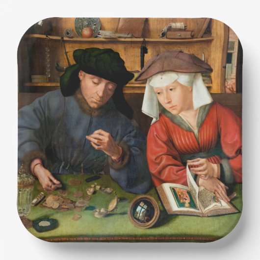 Quentin Matsys - Der Moneylender und seine Ehefrau Pappteller (Vorderseite)