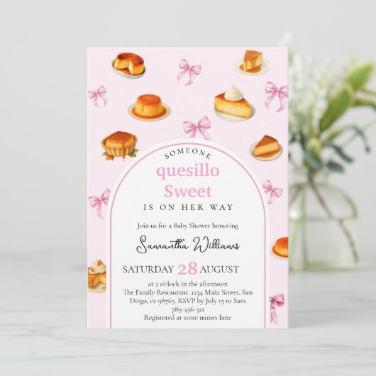 Quesillo Pink Bow Babydusche Einladung (Stehend Vorderseite)