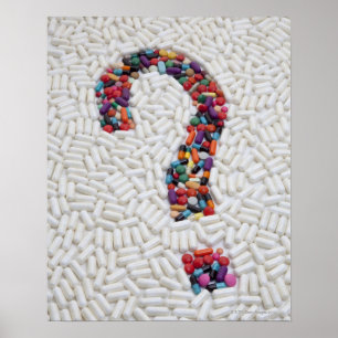 Question mark of pills on white pill background poster