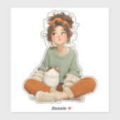 Quiet Daydream Girl & Cat – Premium Art Sticker (Blatt)