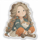 Quiet Moment Girl & Cat – Premium Art Sticker (Vorderseite)