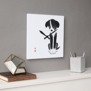 Quiet Paws - Minimalistische Tinten-Hundewelpe Quadratische Wanduhr