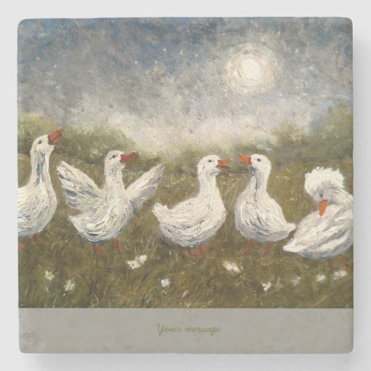 Quiet Quack: White Duck Starry Night Goose Steinuntersetzer (Vorderseite)