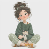 Quiet Seated Girl & Cat – Premium Art Sticker (Vorderseite)