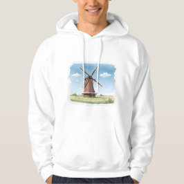 Quiet Windmill in the Fields – Soft Watercolor Lan Hoodie